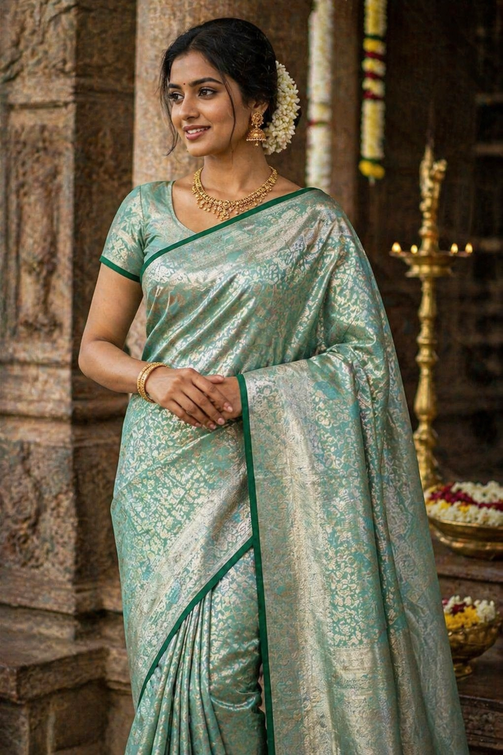 Emerald Green Silver Zari Pure Kanchipuram Silk Saree